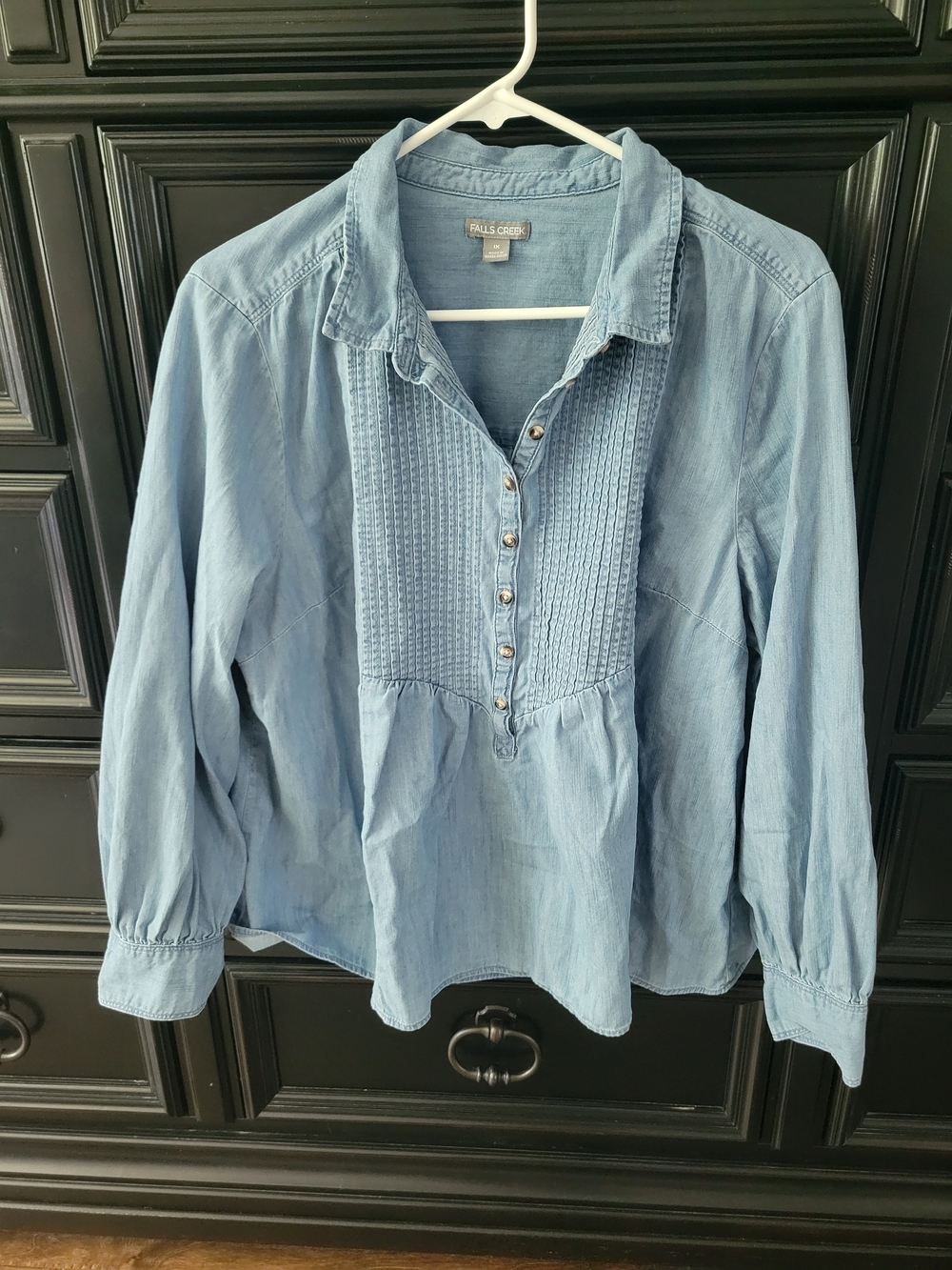 Falls Creek Light Blue Pintuck Denim Peasant Top